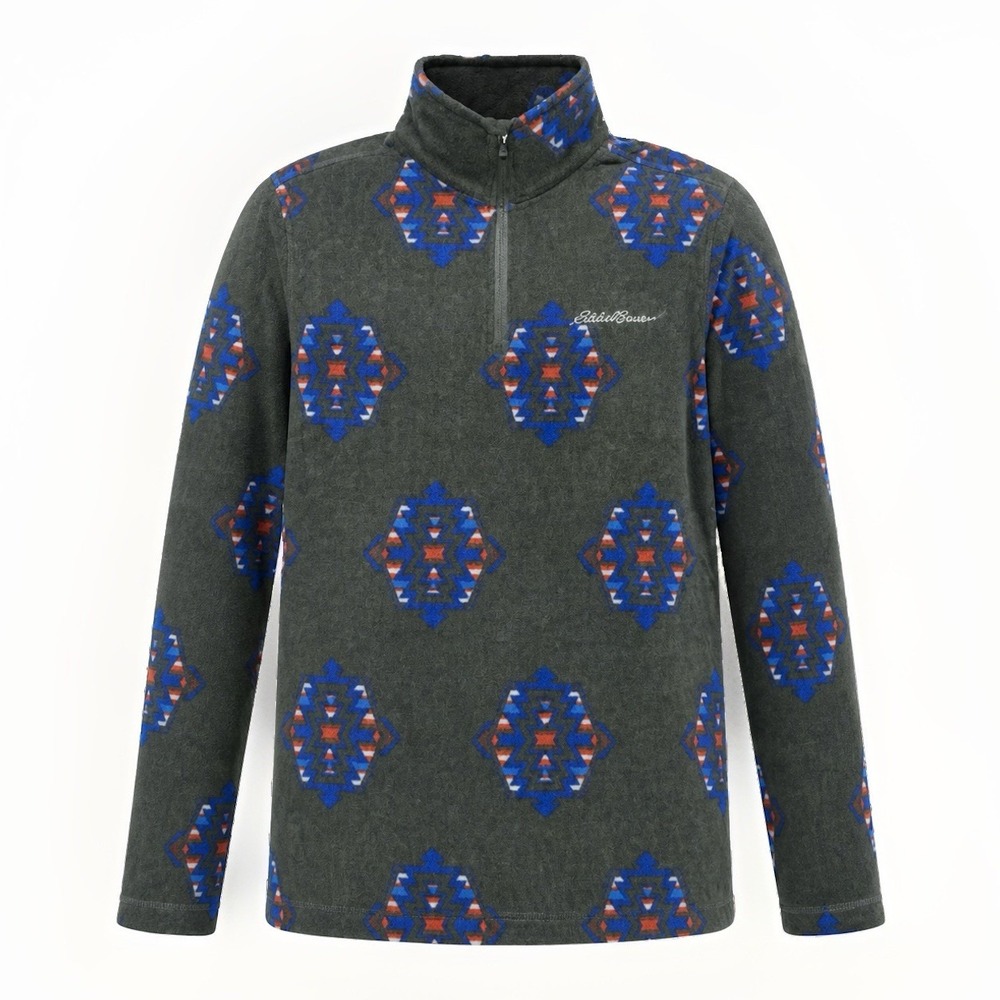 Eddie Bauer Fleece Pullover Men's Small Gray Winter Aztec All Over Print